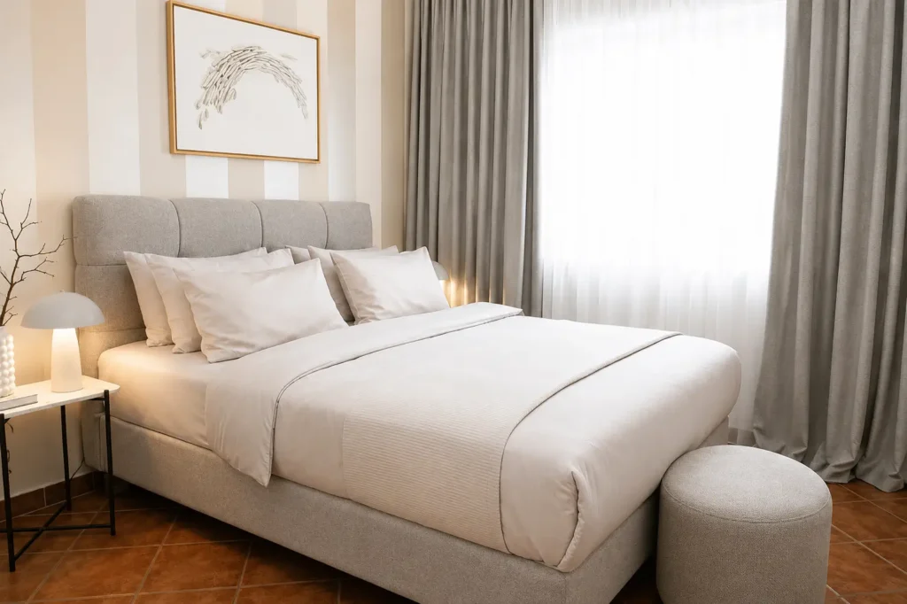Moderan apartman sa pogledom na bazen sa elegantnom spavaćom sobom
