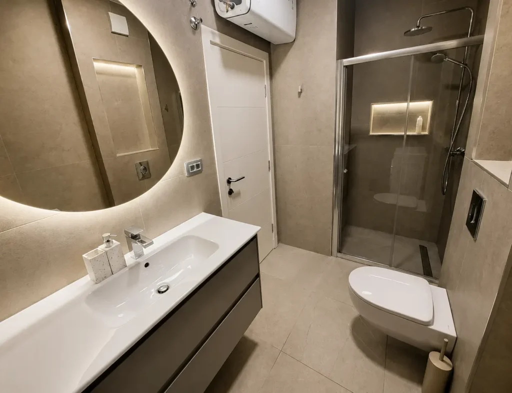 Moderan apartman sa pogledom na bazen sa kupatilom sa walk-in tušem