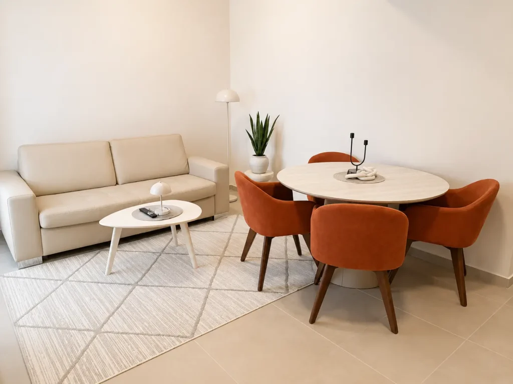 Moderan apartman sa pogledom na bazen sa elegantnom trpezarijom, udobnim dnevnim boravkom i savremenim enterijerom.