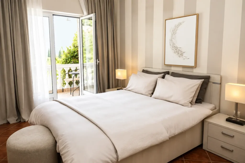 Moderna spavaća soba u Monte Aria apartmanima u Herceg Novom